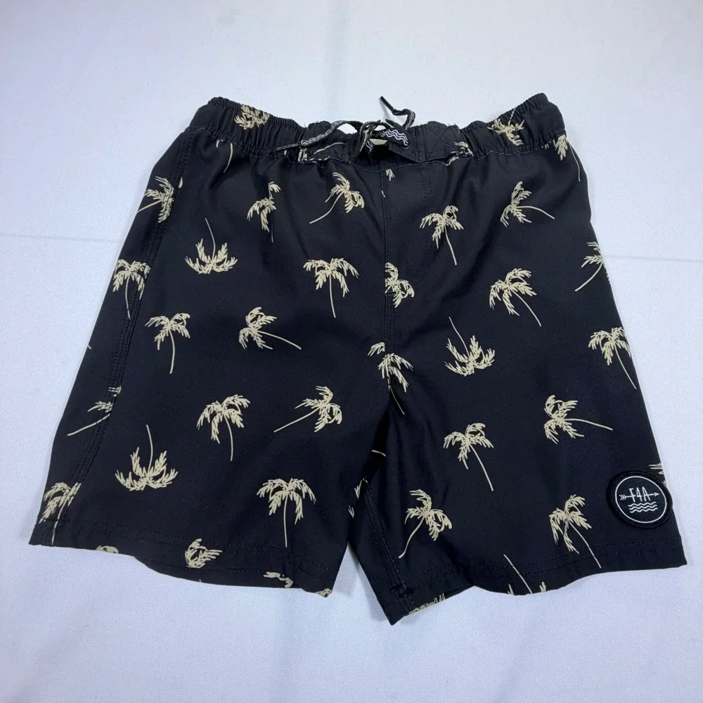 Feather 4 Arrow Boys Palm Tree Swim Trunks Black Tan Board Shorts Size 12